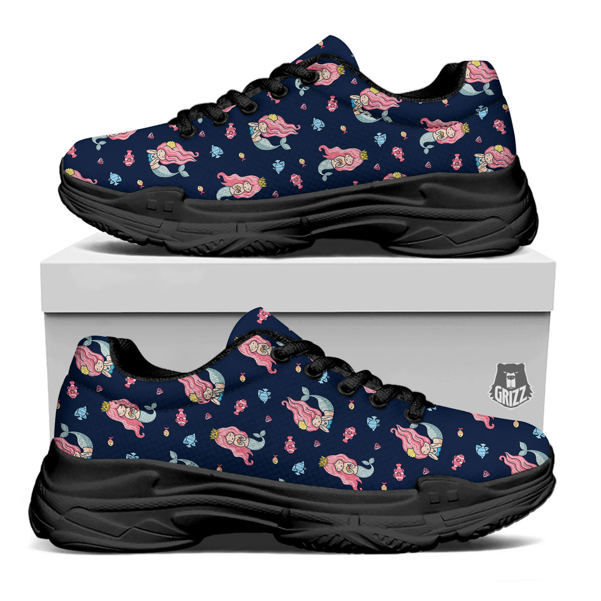 Cute Little Mermaid Print Pattern Black Chunky Shoes-grizzshop