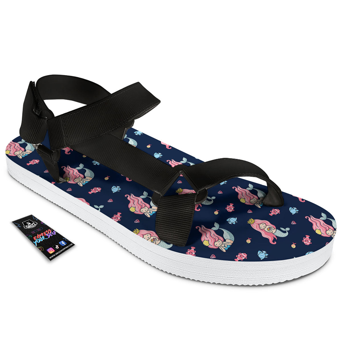 Cute Little Mermaid Print Pattern Black Open Toe Sandals-grizzshop