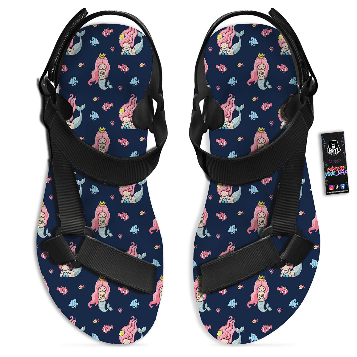 Cute Little Mermaid Print Pattern Black Open Toe Sandals-grizzshop