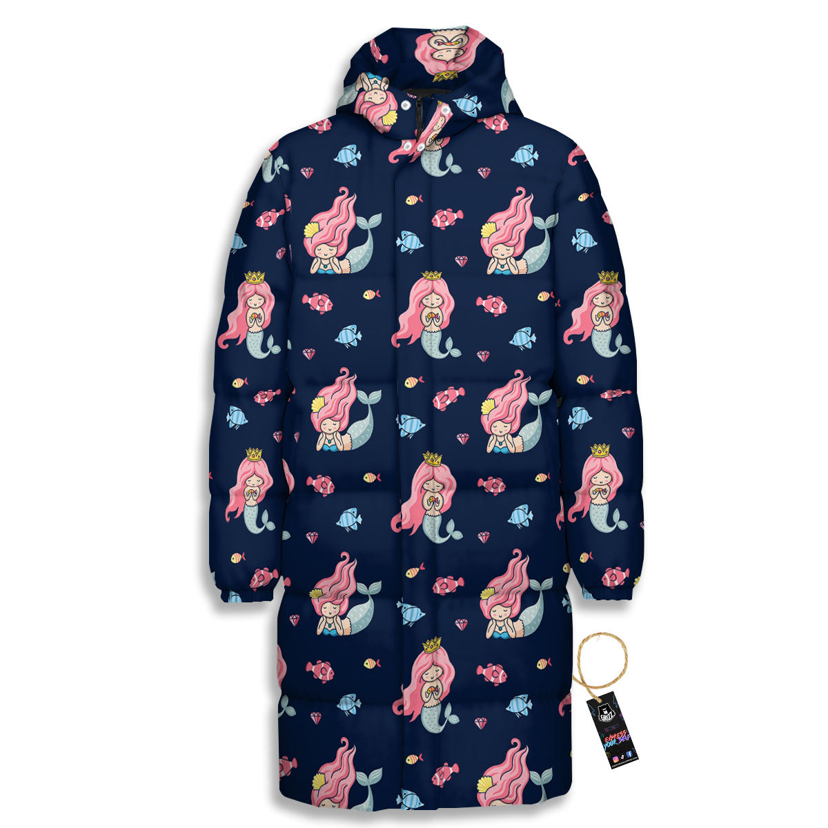Cute Little Mermaid Print Pattern Long Down Jacket-grizzshop