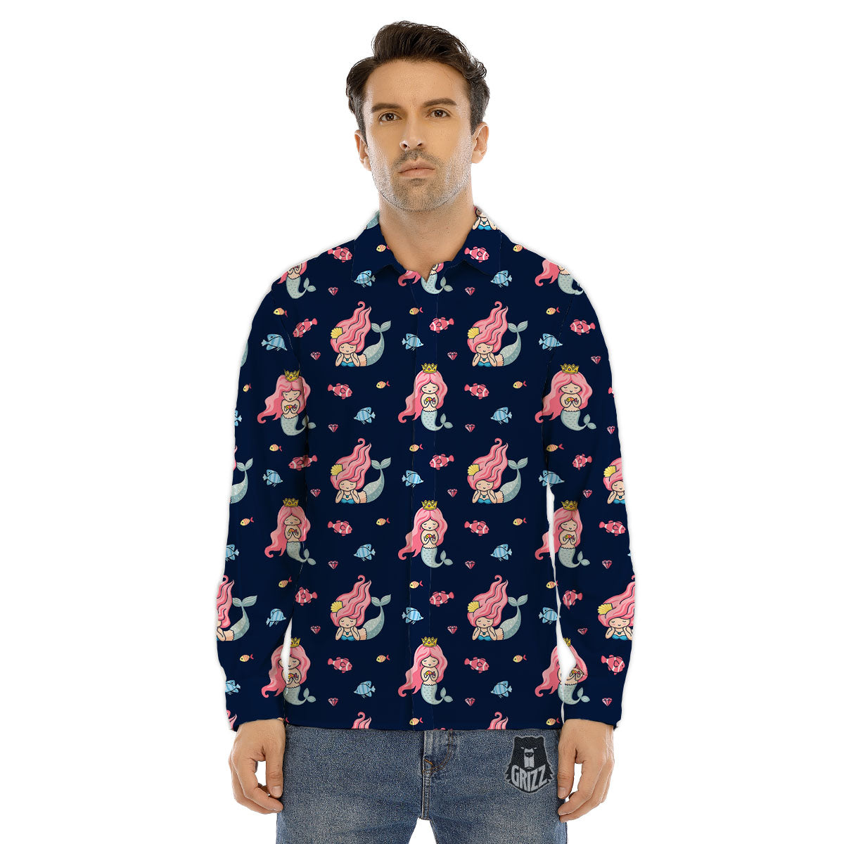 Cute Little Mermaid Print Pattern Men's Dress Shirts-grizzshop
