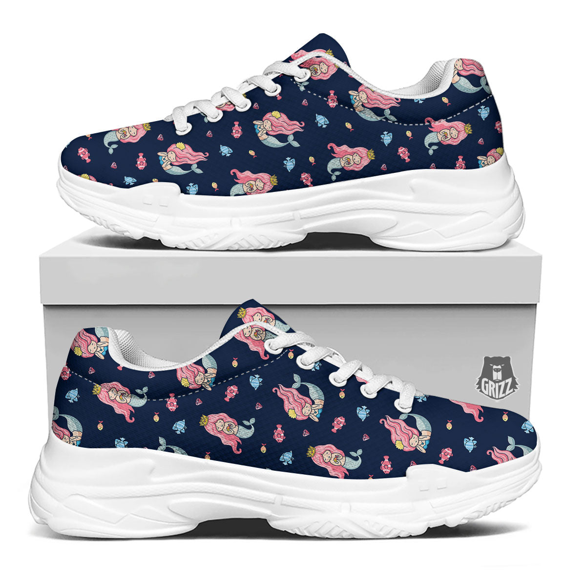 Cute Little Mermaid Print Pattern White Chunky Shoes-grizzshop