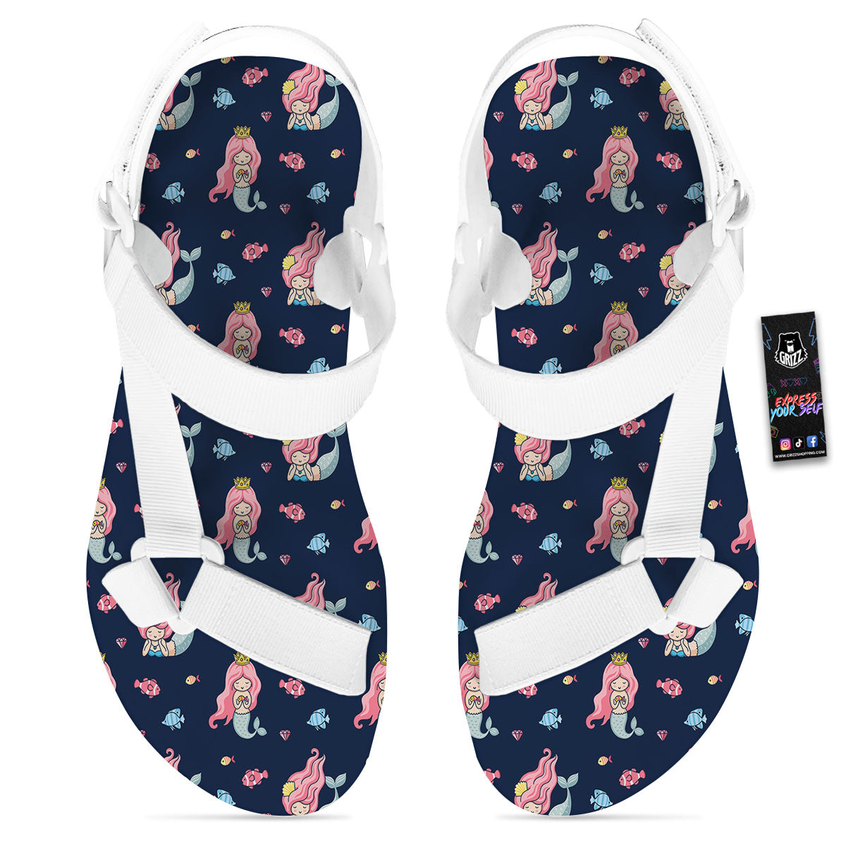 Cute Little Mermaid Print Pattern White Open Toe Sandals-grizzshop