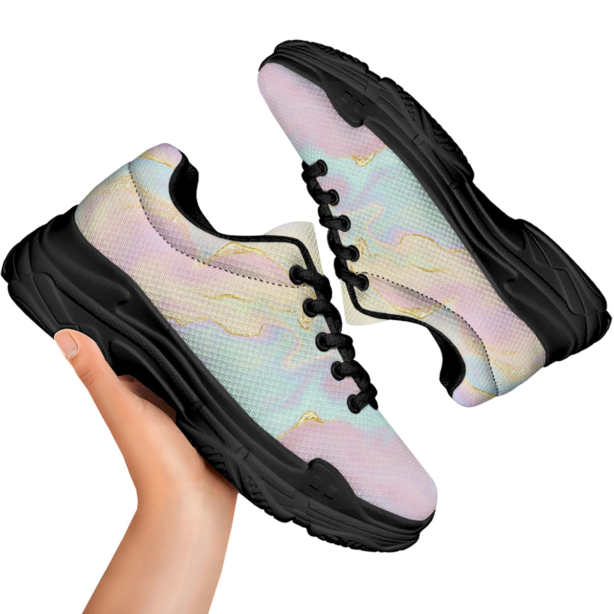 Cute Pastel Gold Marble Print Black Chunky Shoes-grizzshop