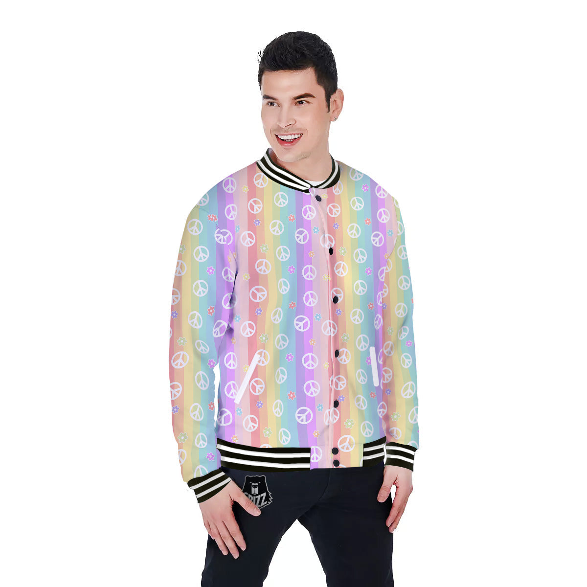 Cute Peace Symbol And Daisy Print Pattern Baseball Jacket-grizzshop