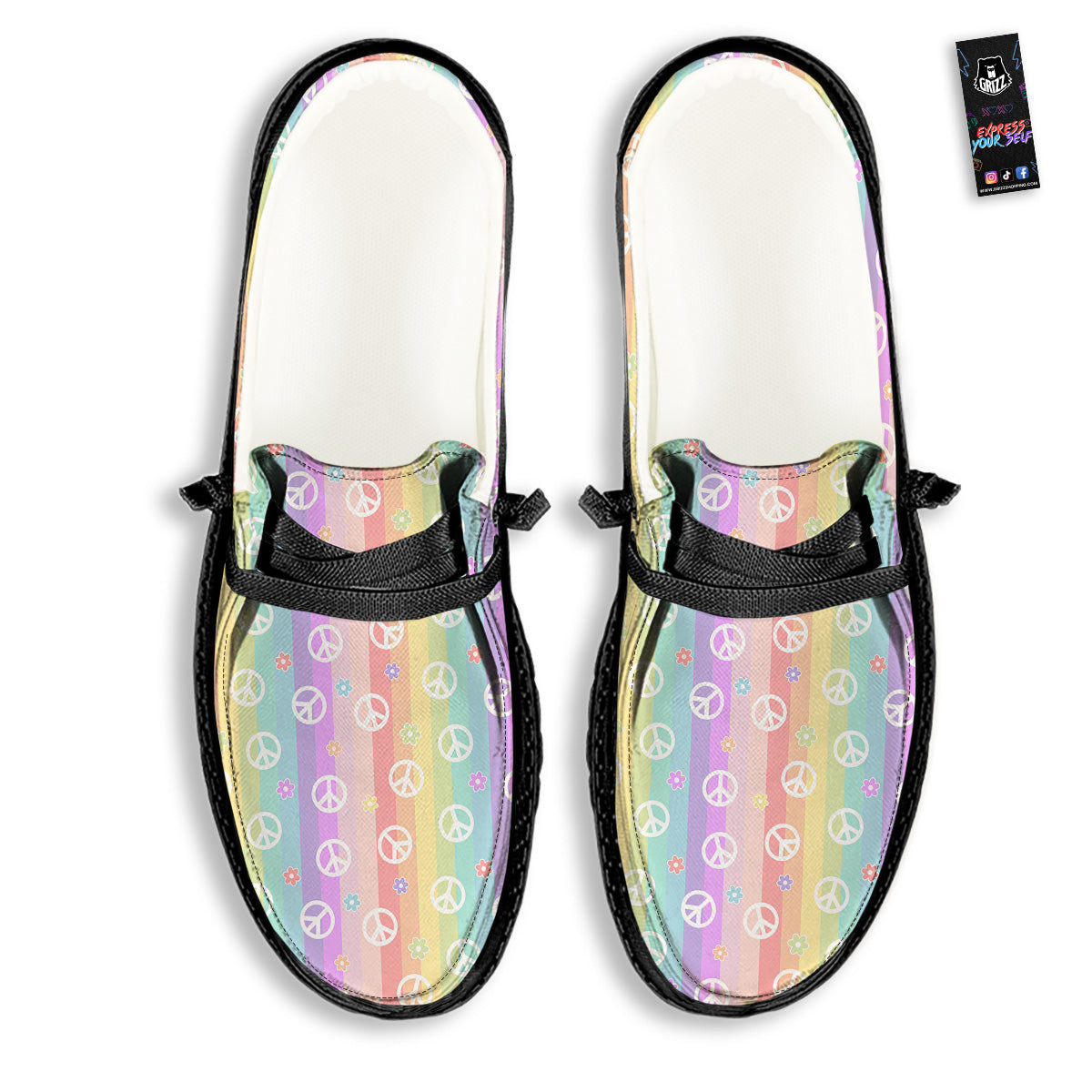Cute Peace Symbol And Daisy Print Pattern Black Loafers-grizzshop