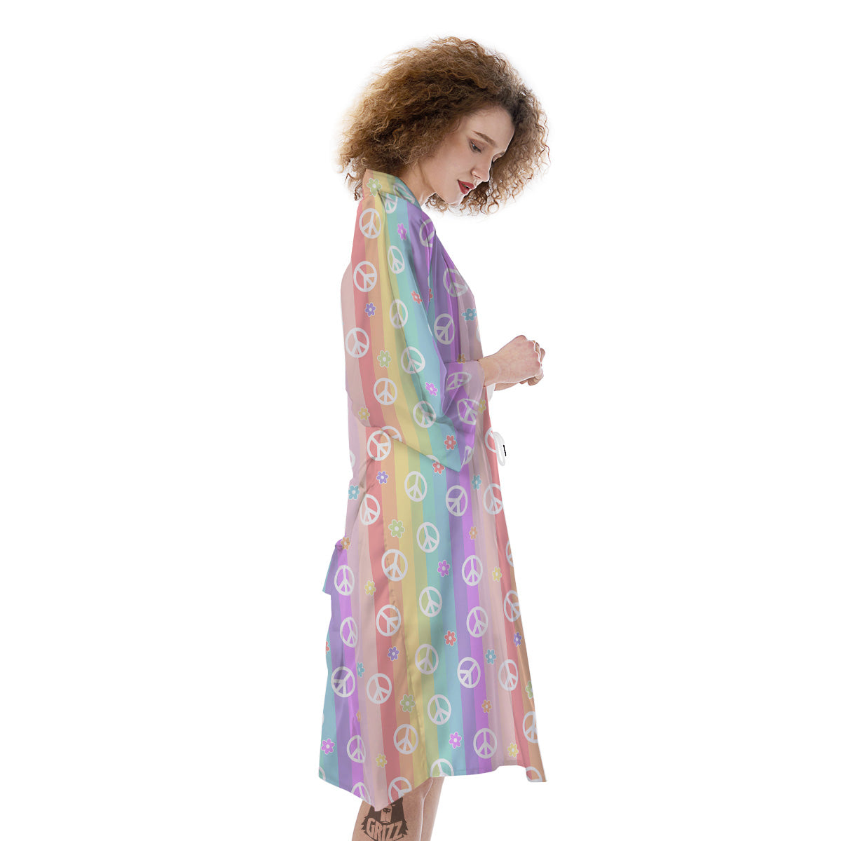 Cute Peace Symbol And Daisy Print Pattern Kimono-grizzshop