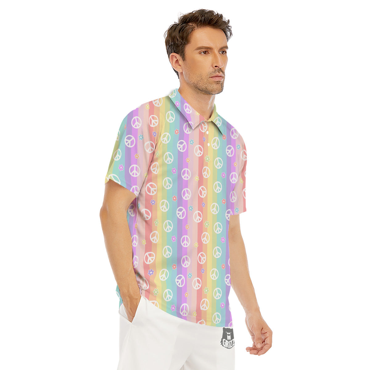 Cute Peace Symbol And Daisy Print Pattern Men's Golf Shirts-grizzshop