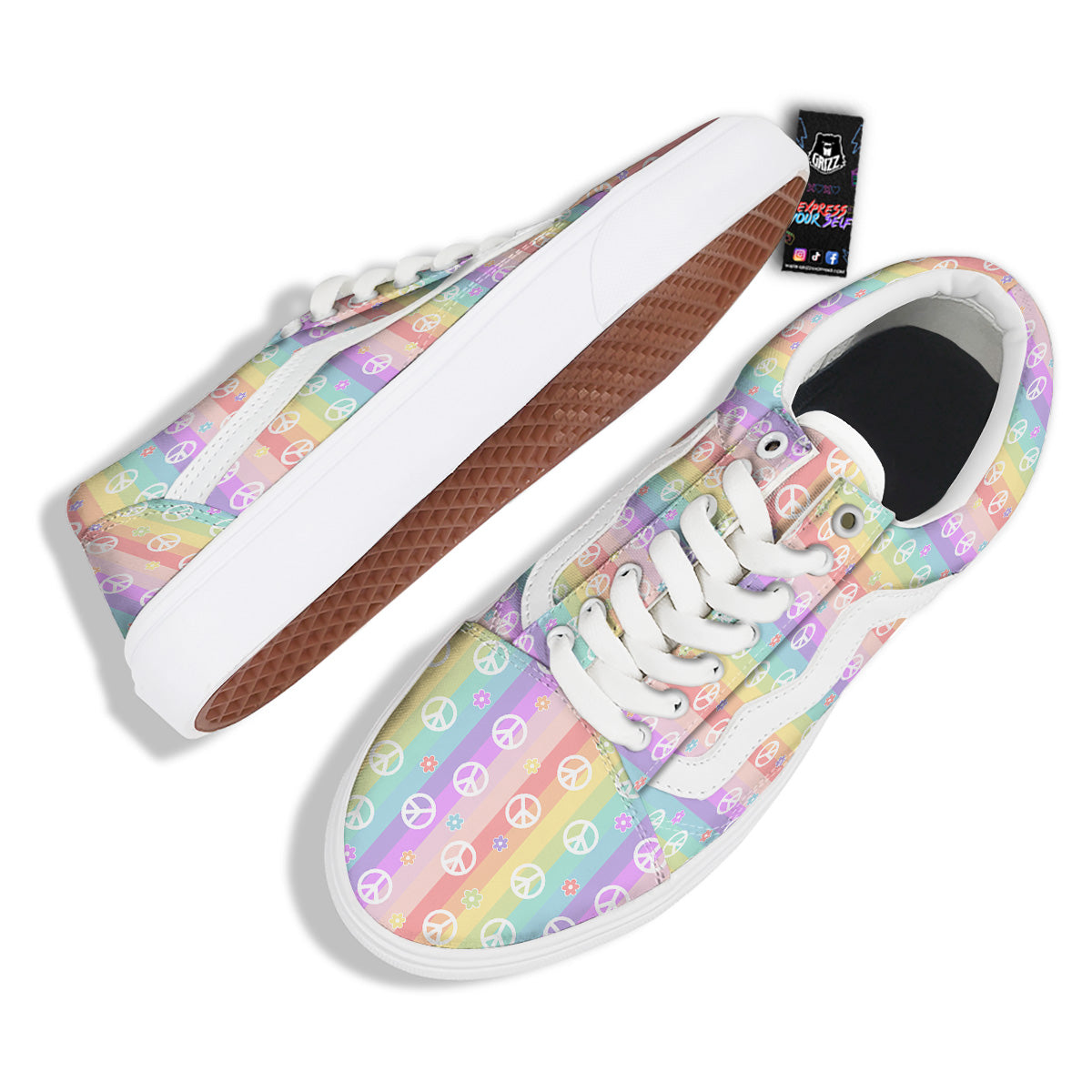 Cute Peace Symbol And Daisy Print Pattern Skate Shoes-grizzshop