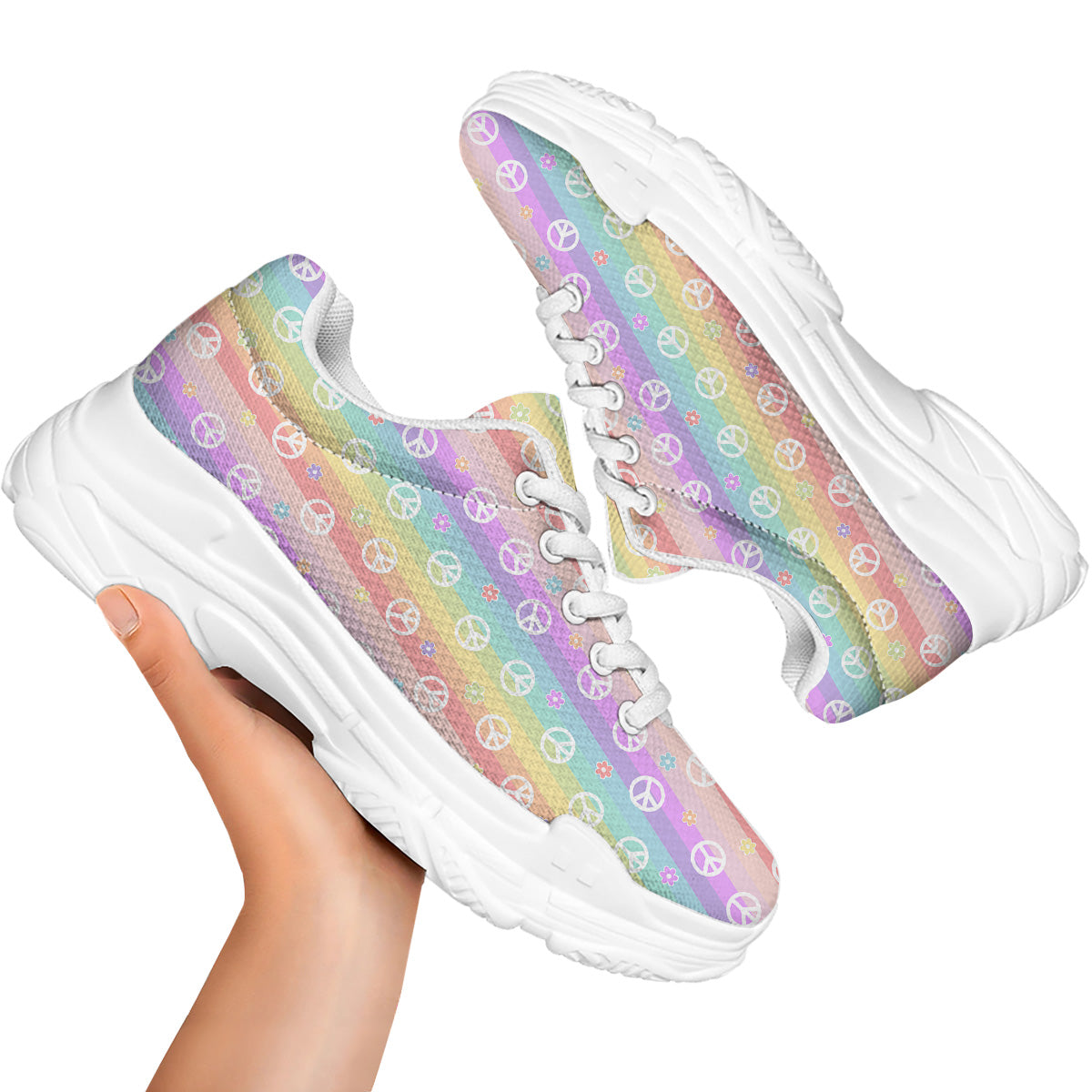 Cute Peace Symbol And Daisy Print Pattern White Chunky Shoes-grizzshop