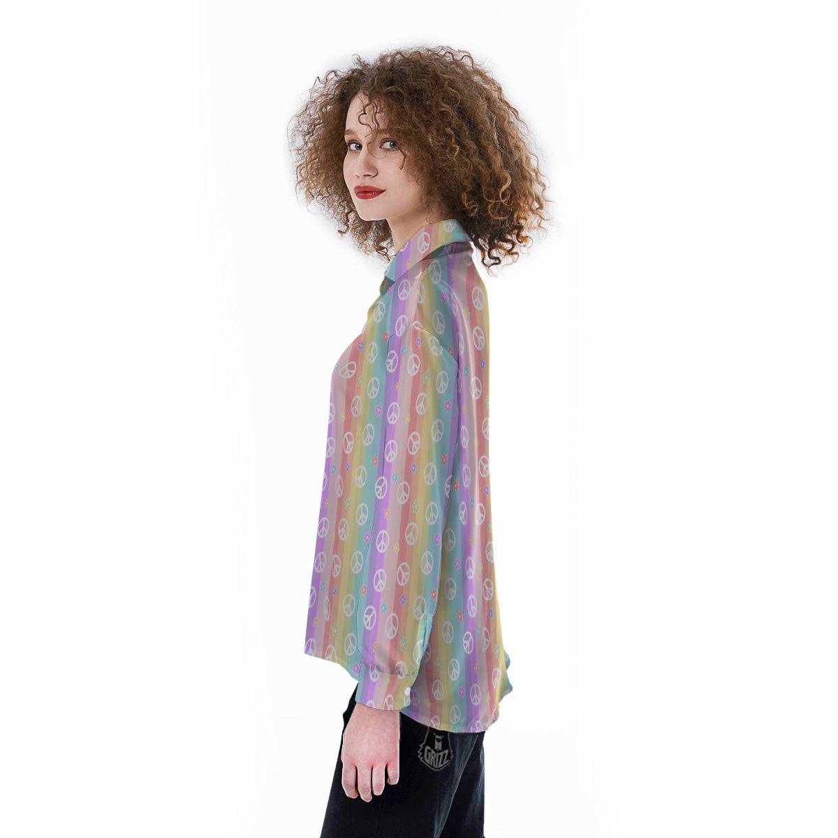 Cute Peace Symbol And Daisy Print Pattern Women's Long Sleeve Shirts-grizzshop