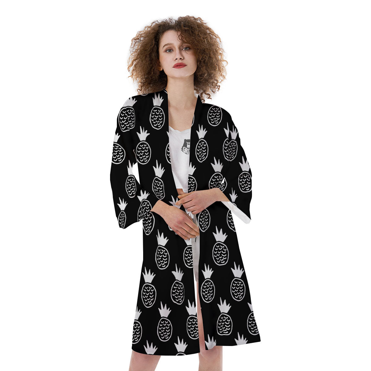 Cute Pineapple Black Print Pattern Kimono-grizzshop