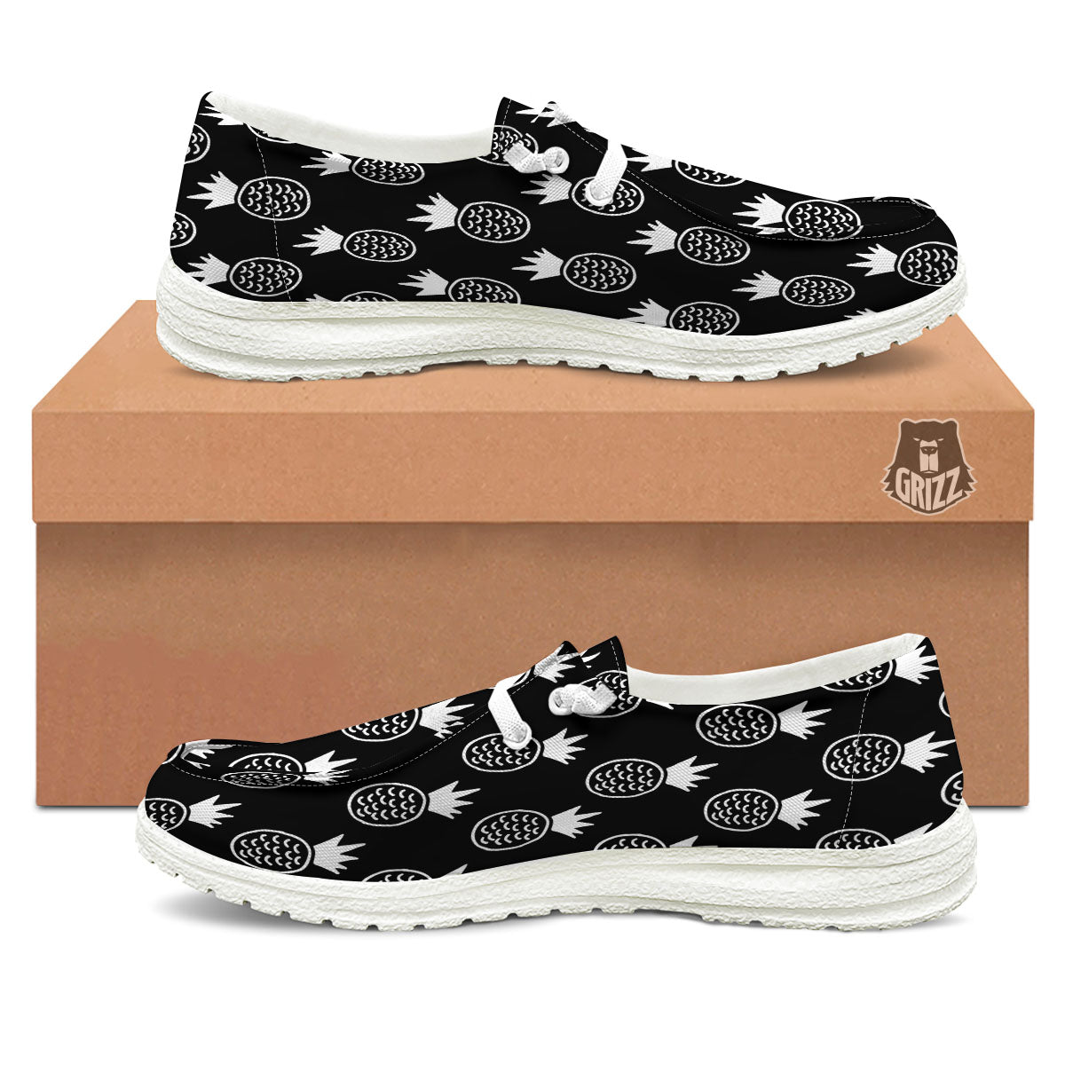 Cute Pineapple Black Print Pattern White Loafers-grizzshop