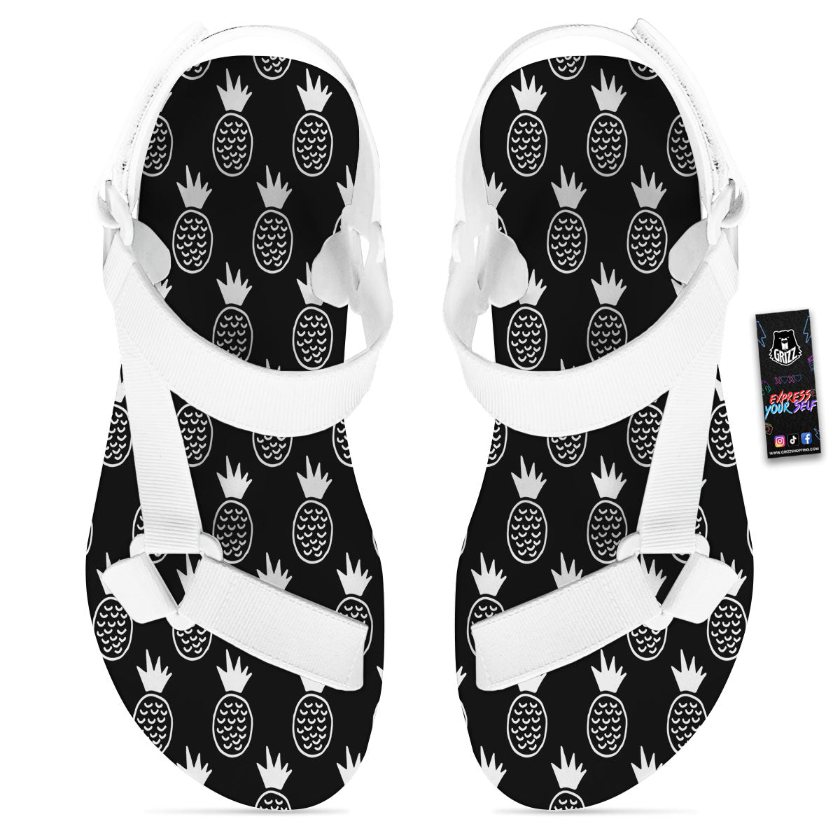 Cute Pineapple Black Print Pattern White Open Toe Sandals-grizzshop