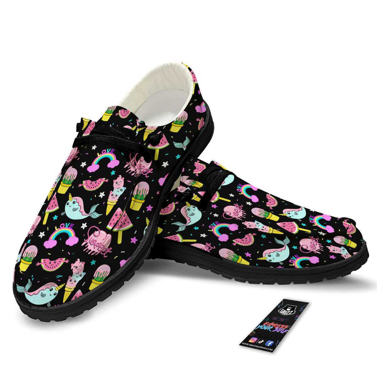 Cute Pink Ice Cream Narwhal Rainbow Print Pattern Black Loafers-grizzshop
