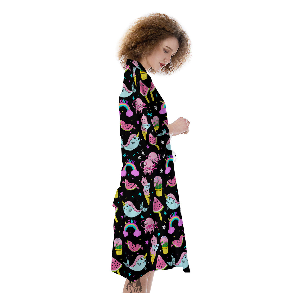 Cute Pink Ice Cream Narwhal Rainbow Print Pattern Kimono-grizzshop