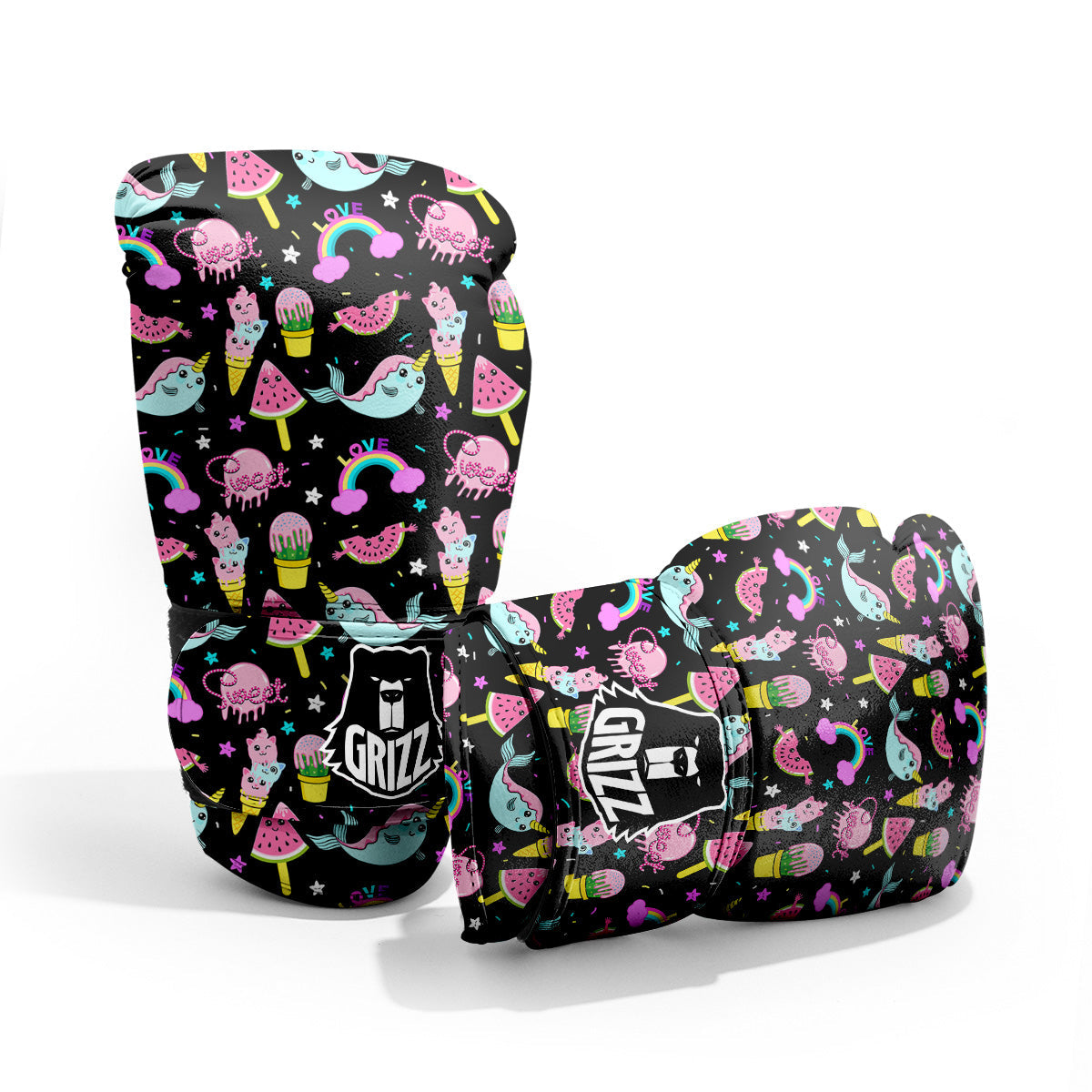Cute Pink Ice Cream Narwhal Rainbow Print Pattern Pro Boxing Glove