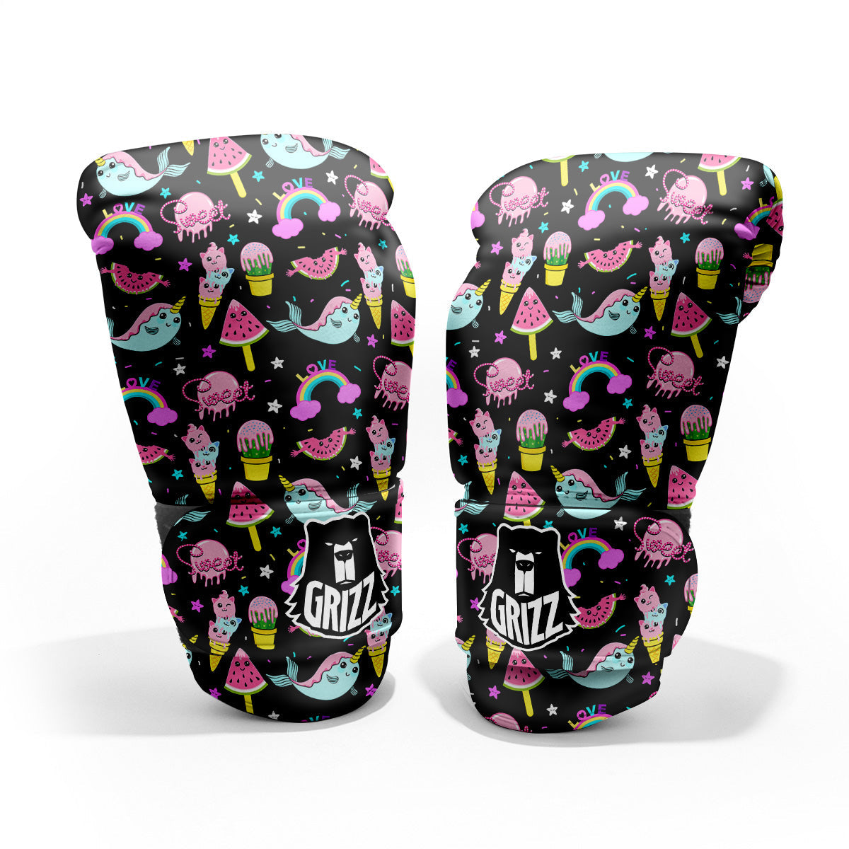 Cute Pink Ice Cream Narwhal Rainbow Print Pattern Pro Boxing Glove