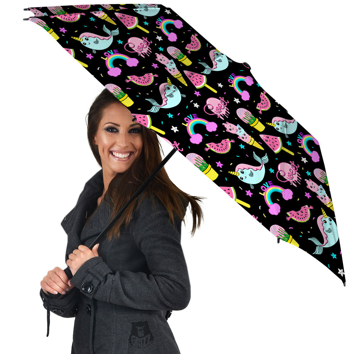 Cute Pink Ice Cream Narwhal Rainbow Print Pattern Umbrella-grizzshop