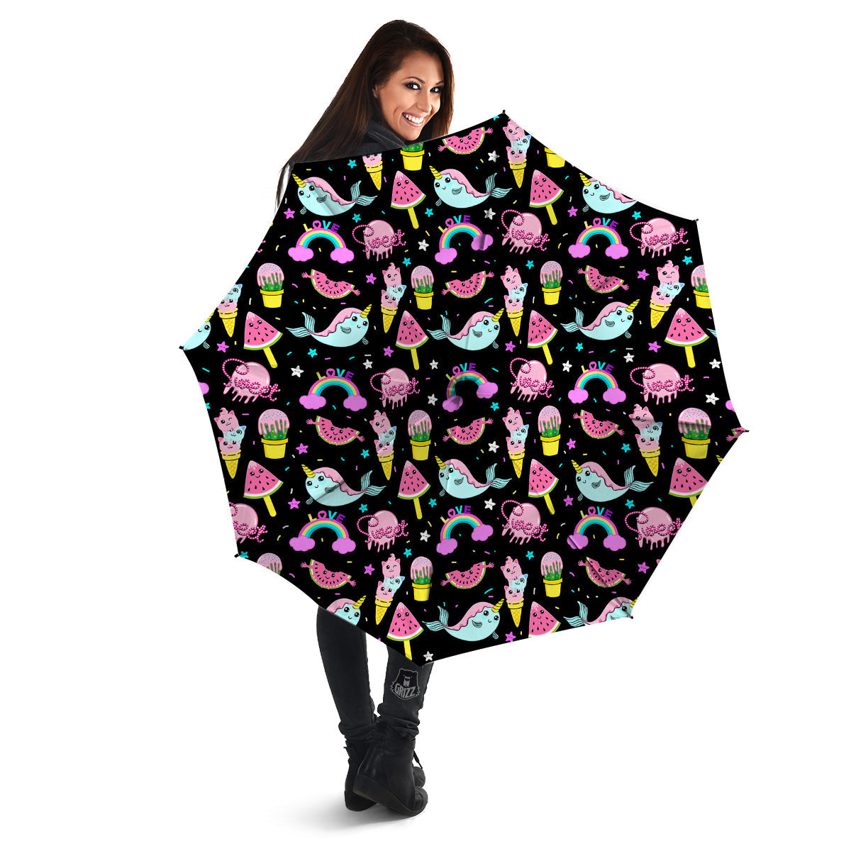 Cute Pink Ice Cream Narwhal Rainbow Print Pattern Umbrella-grizzshop