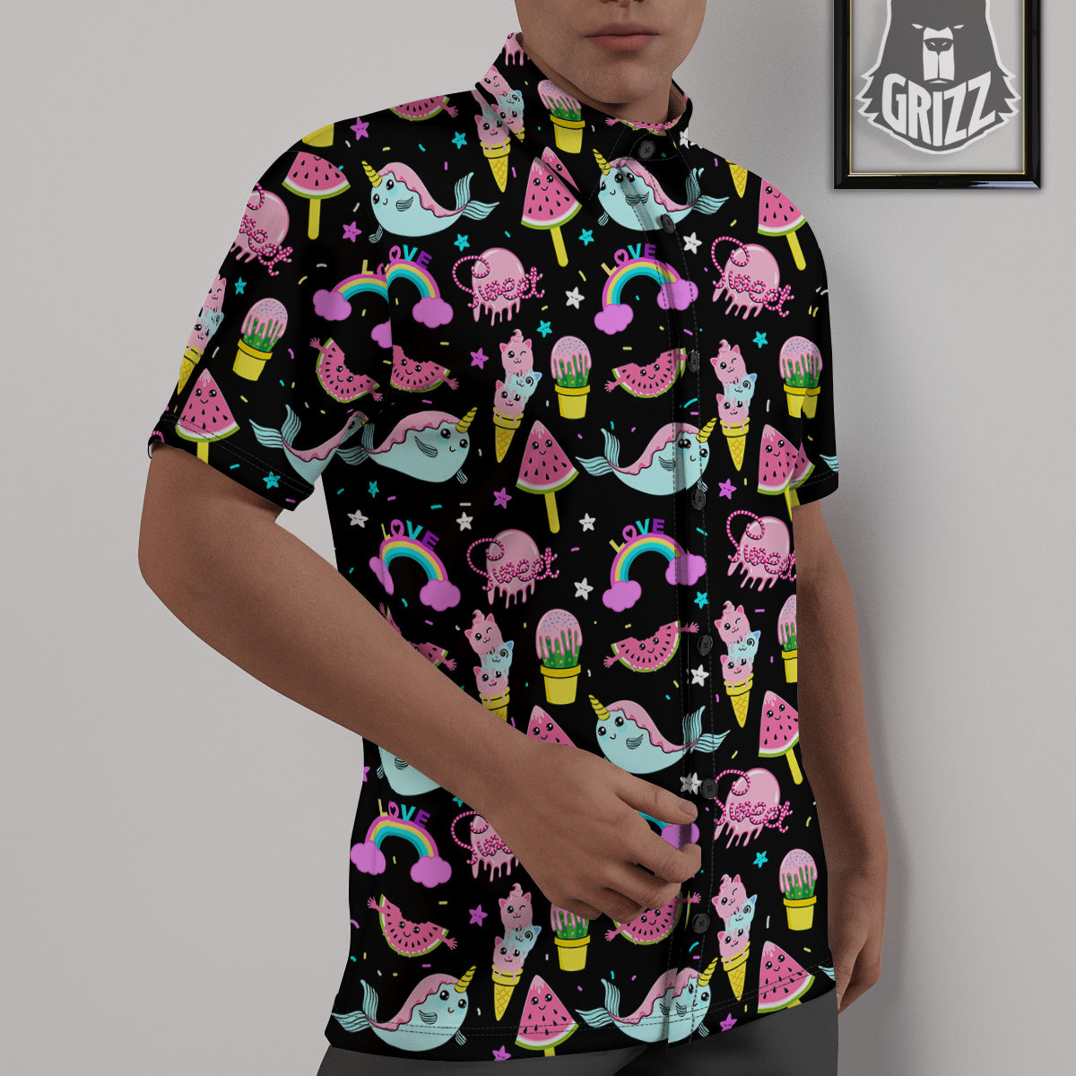 Cute Pink Ice Cream Narwhal Rainbow Print Pattern Untucked Shirts-grizzshop