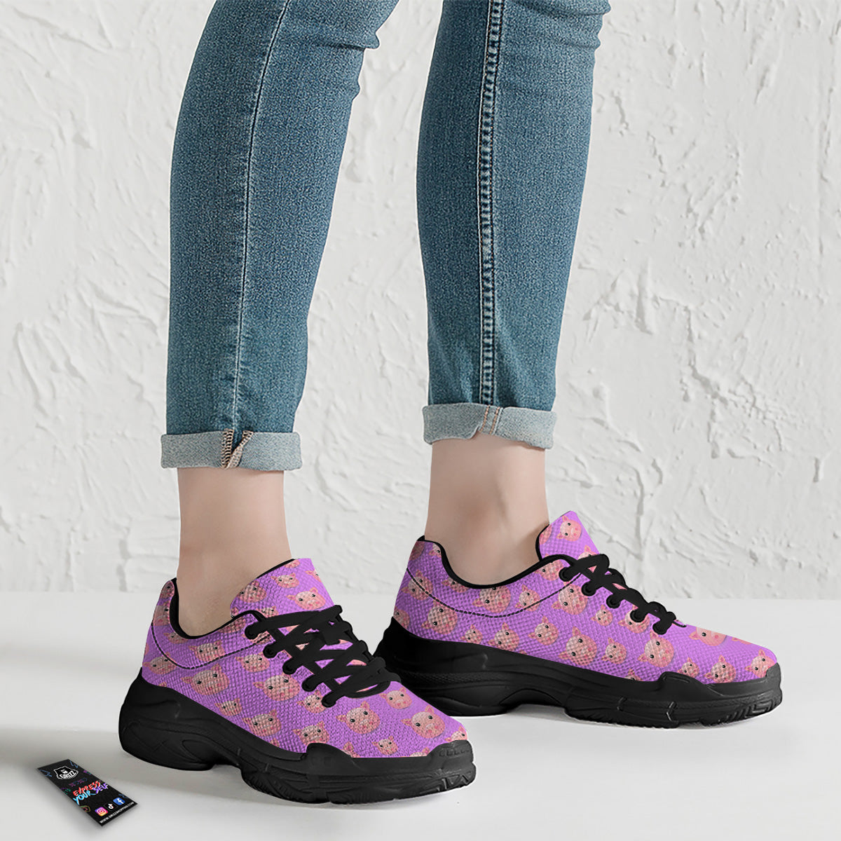 Cute Pink Pig Face Emoji Print Pattern Black Chunky Shoes-grizzshop