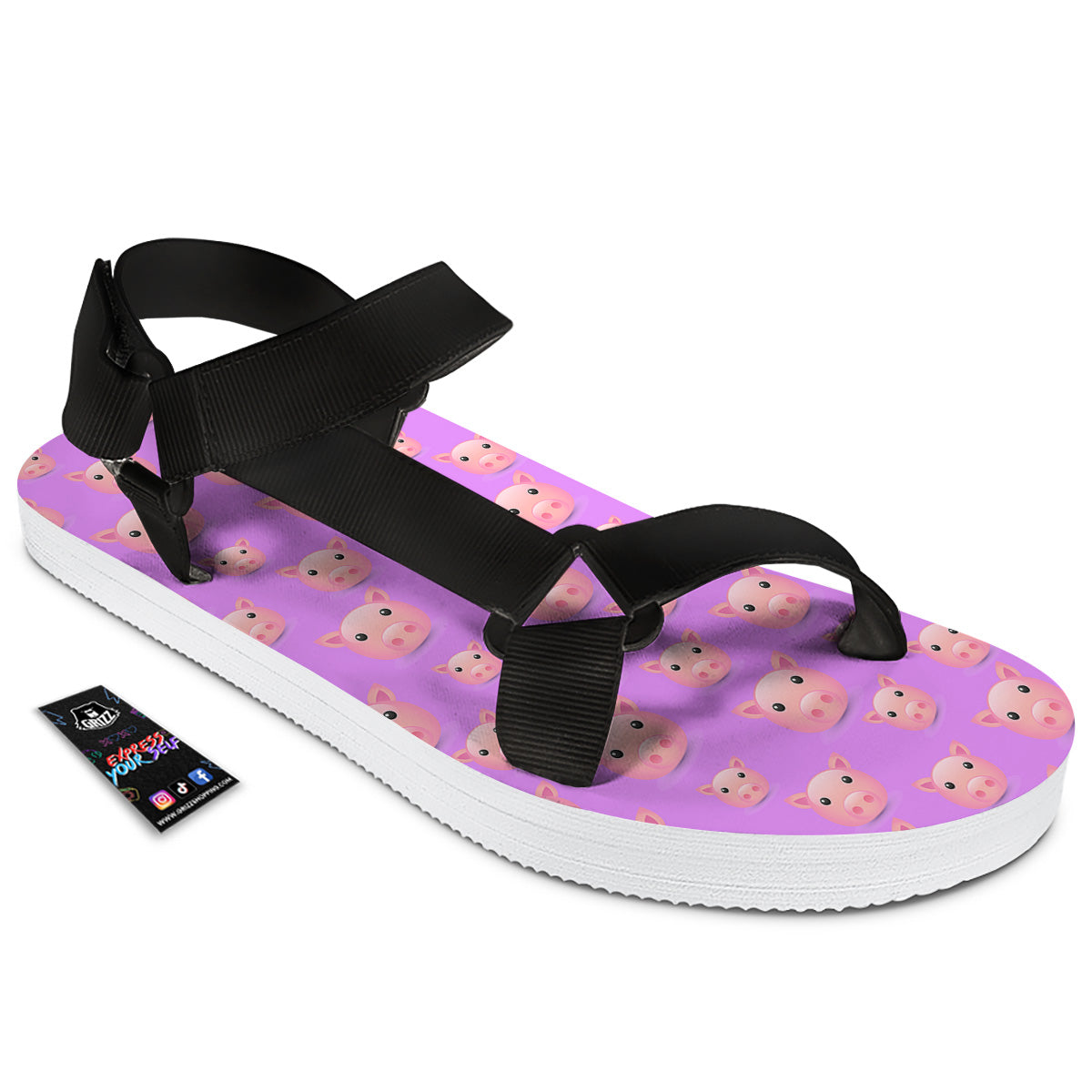 Cute Pink Pig Face Emoji Print Pattern Black Open Toe Sandals-grizzshop