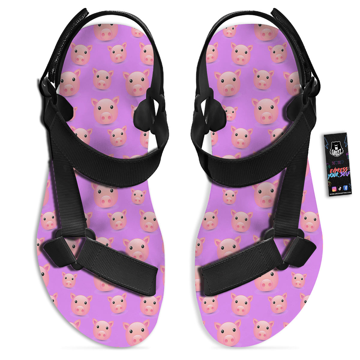 Cute Pink Pig Face Emoji Print Pattern Black Open Toe Sandals-grizzshop