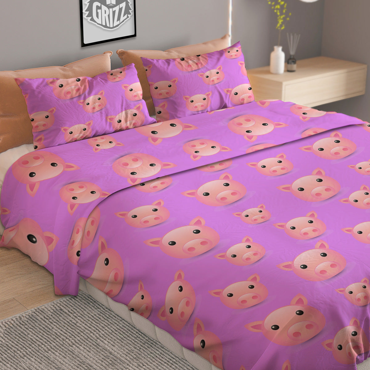 Cute Pink Pig Face Emoji Print Pattern Duvet Cover Bedding Set