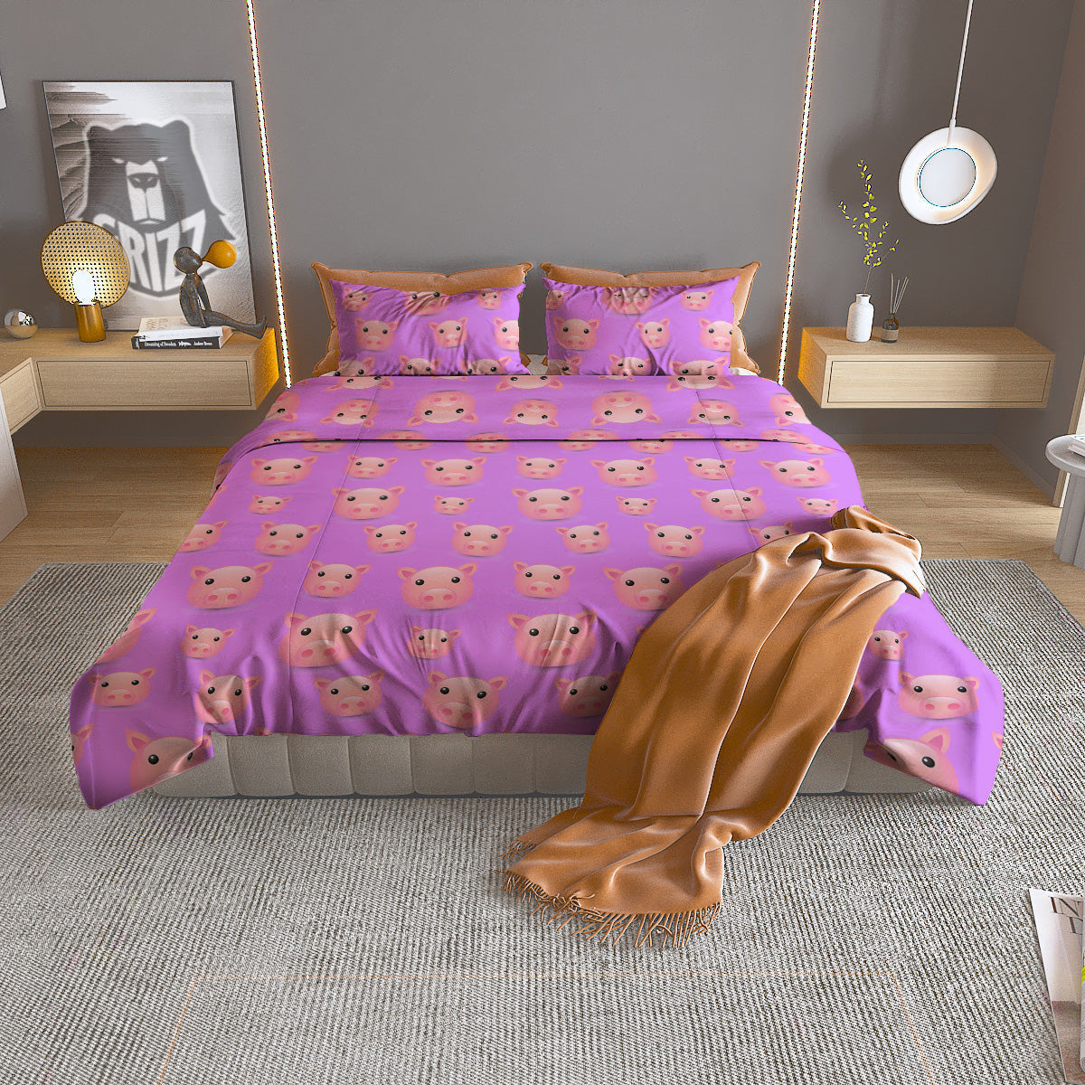 Cute Pink Pig Face Emoji Print Pattern Duvet Cover Bedding Set