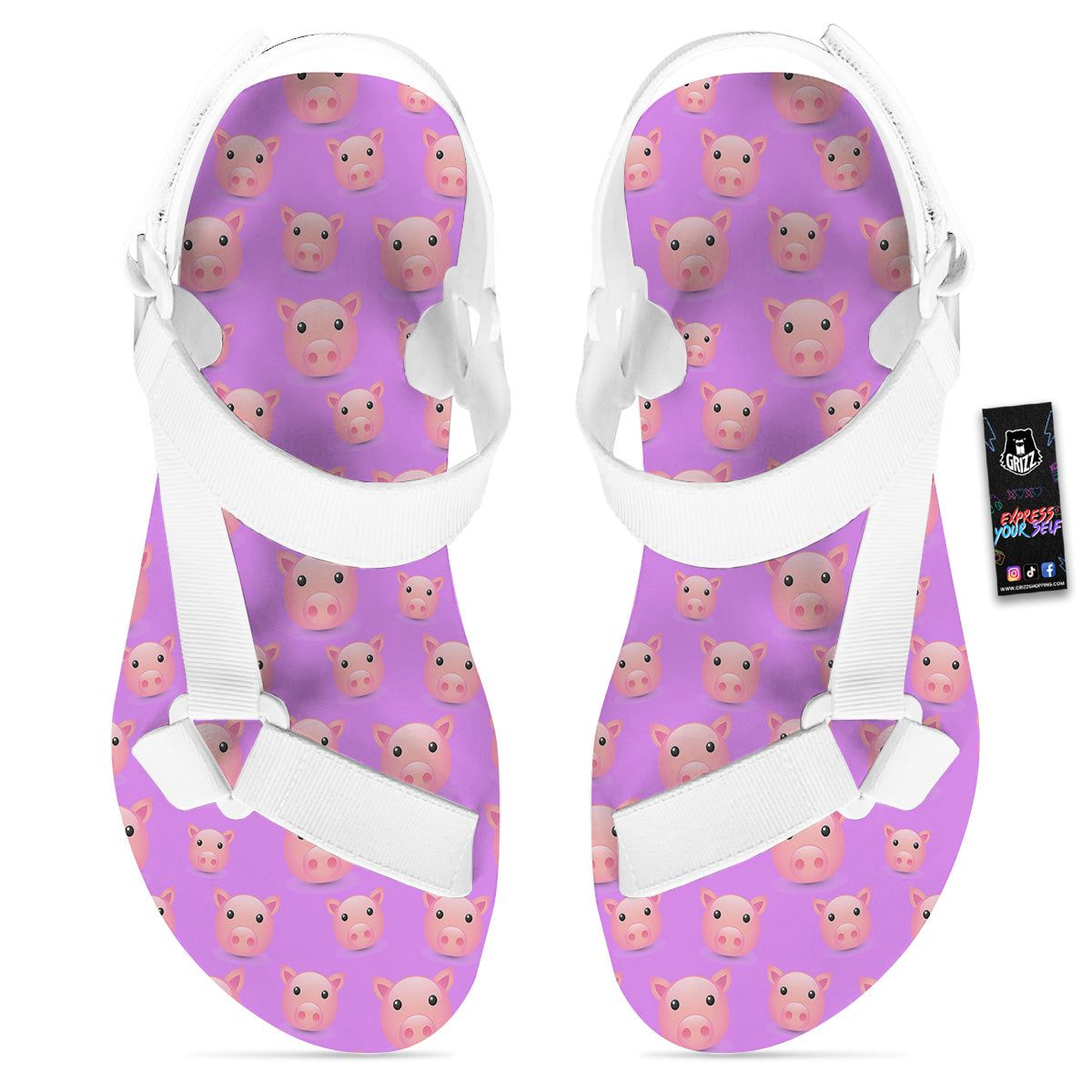 Cute Pink Pig Face Emoji Print Pattern White Open Toe Sandals-grizzshop