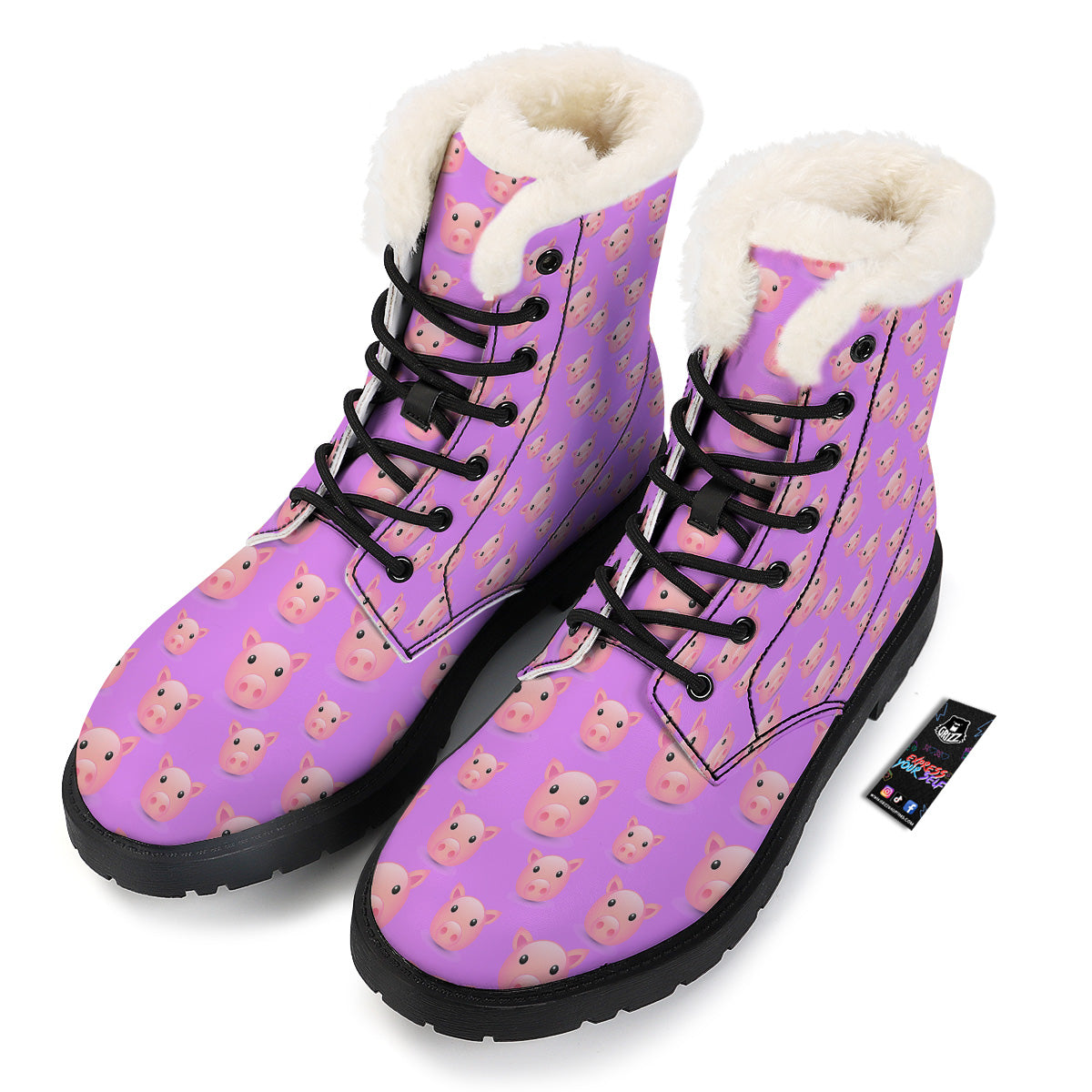 Cute Pink Pig Face Emoji Print Pattern Winter Boots-grizzshop