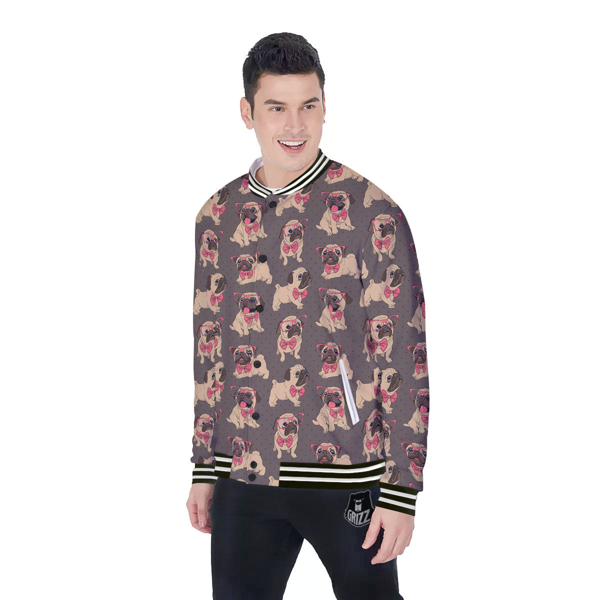 Cute Pug Print Pattern Baseball Jacket-grizzshop