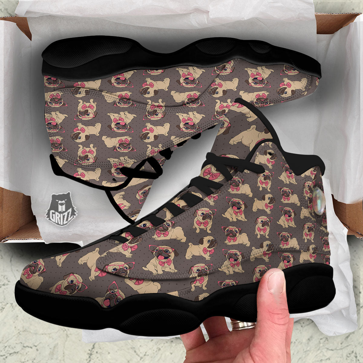 Cute Pug Print Pattern Black Basketball Shoes-grizzshop