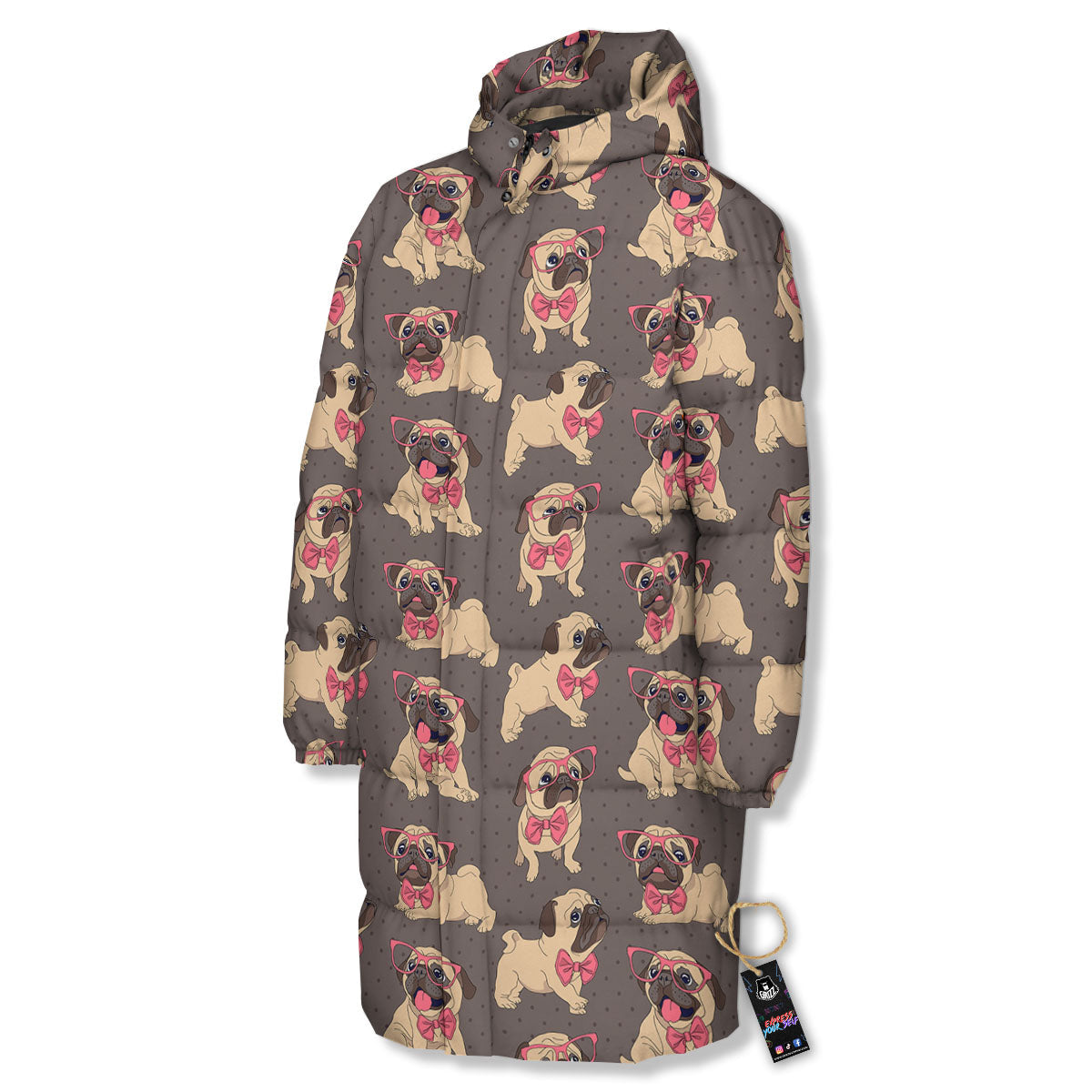 Cute Pug Print Pattern Long Down Jacket-grizzshop