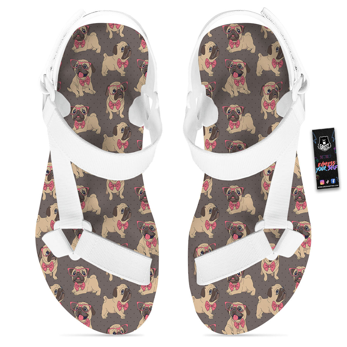 Cute Pug Print Pattern White Open Toe Sandals-grizzshop