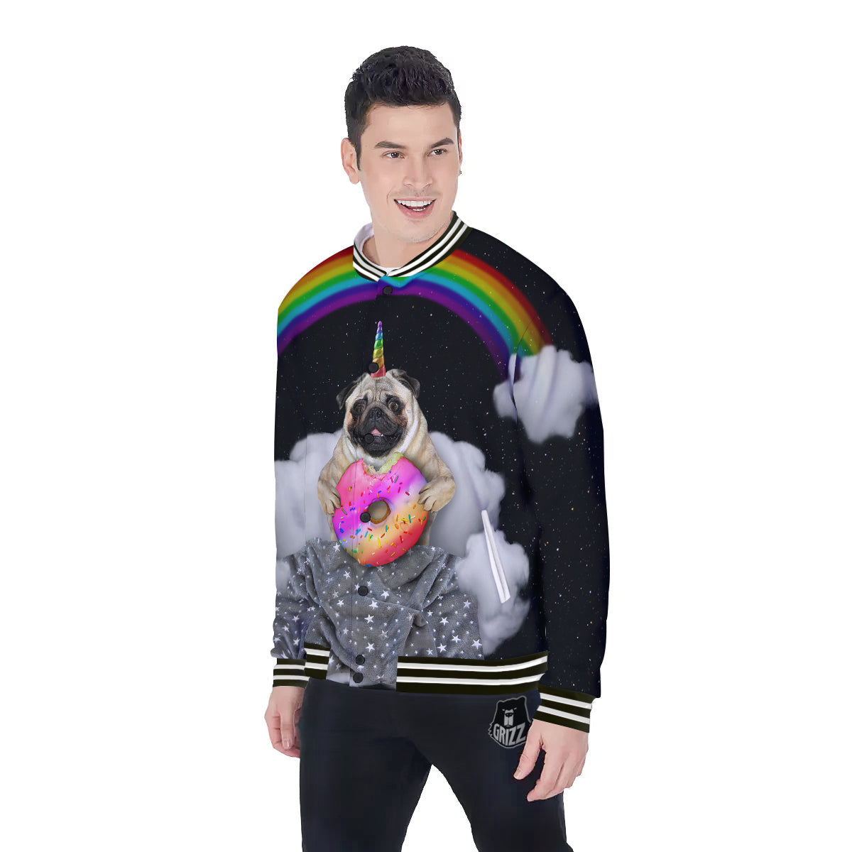 Cute Pug Unicorn Print Baseball Jacket-grizzshop