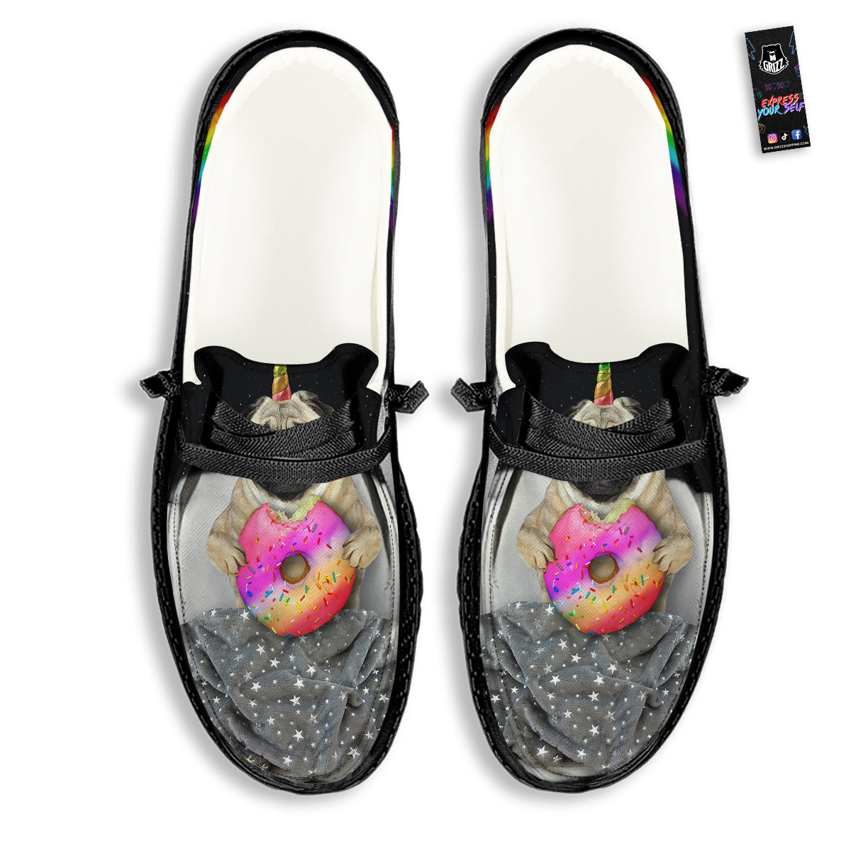 Cute Pug Unicorn Print Black Loafers-grizzshop