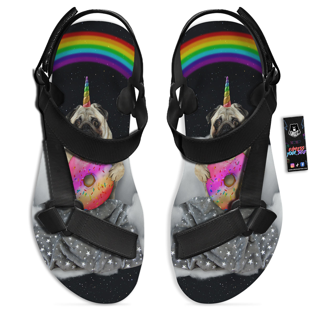 Cute Pug Unicorn Print Black Open Toe Sandals-grizzshop