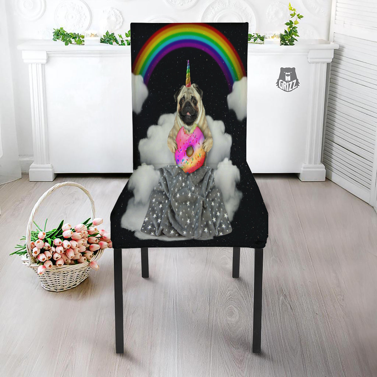 Cute Pug Unicorn Print Dining Chair Slipcover-grizzshop