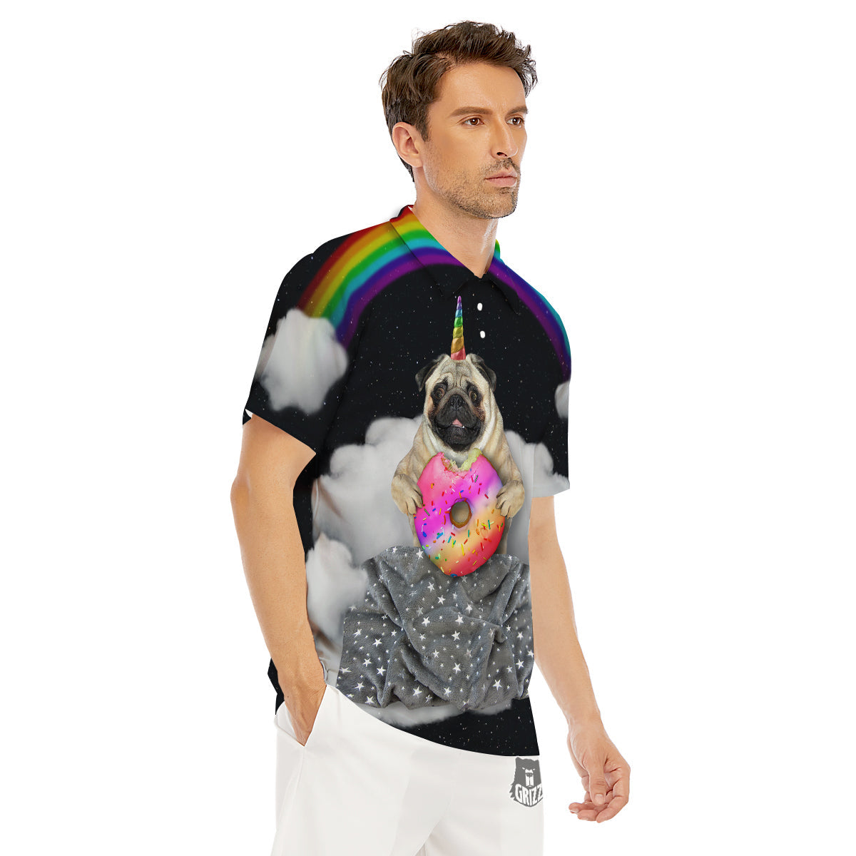 Cute Pug Unicorn Print Men's Golf Shirts-grizzshop