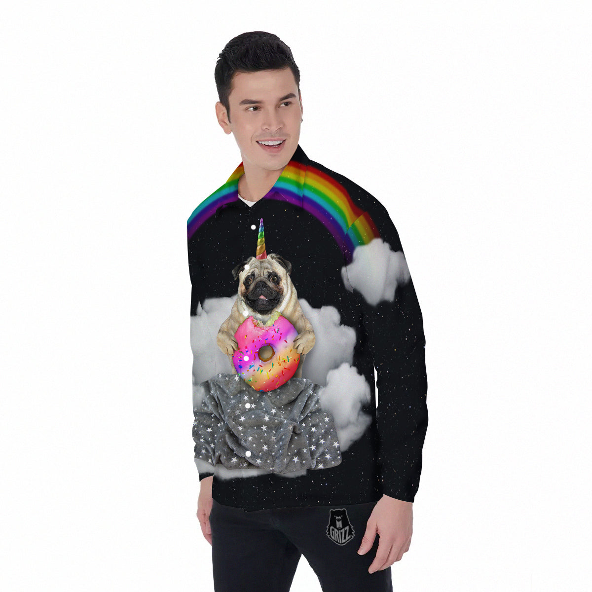 Cute Pug Unicorn Print Men's Long Sleeve Shirts-grizzshop