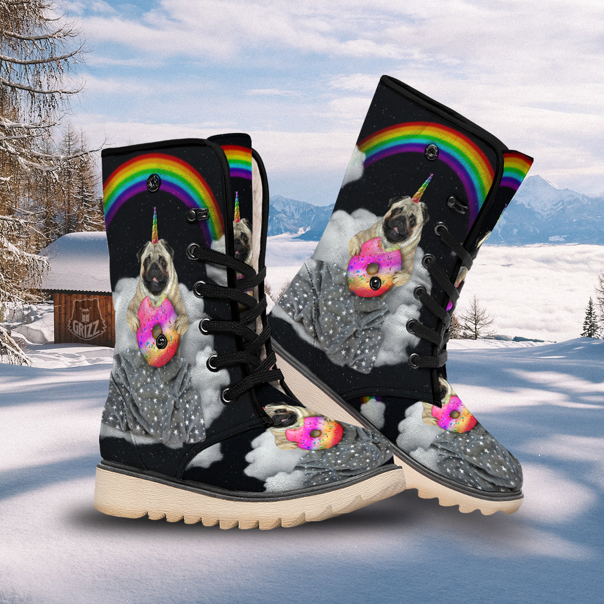 Cute Pug Unicorn Print Snow Boots-grizzshop