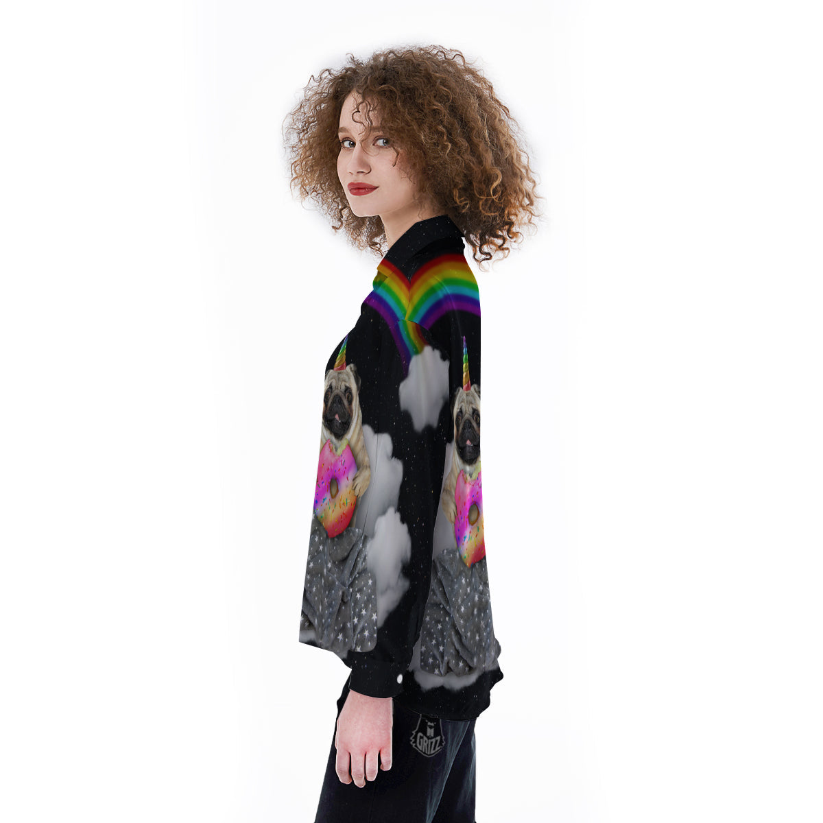 Cute Pug Unicorn Print Women's Long Sleeve Shirts-grizzshop