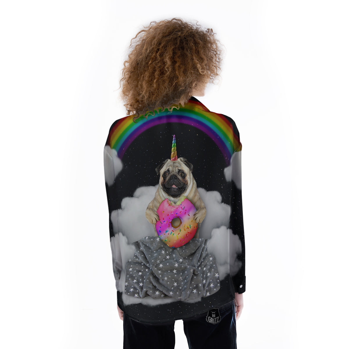 Cute Pug Unicorn Print Women's Long Sleeve Shirts-grizzshop