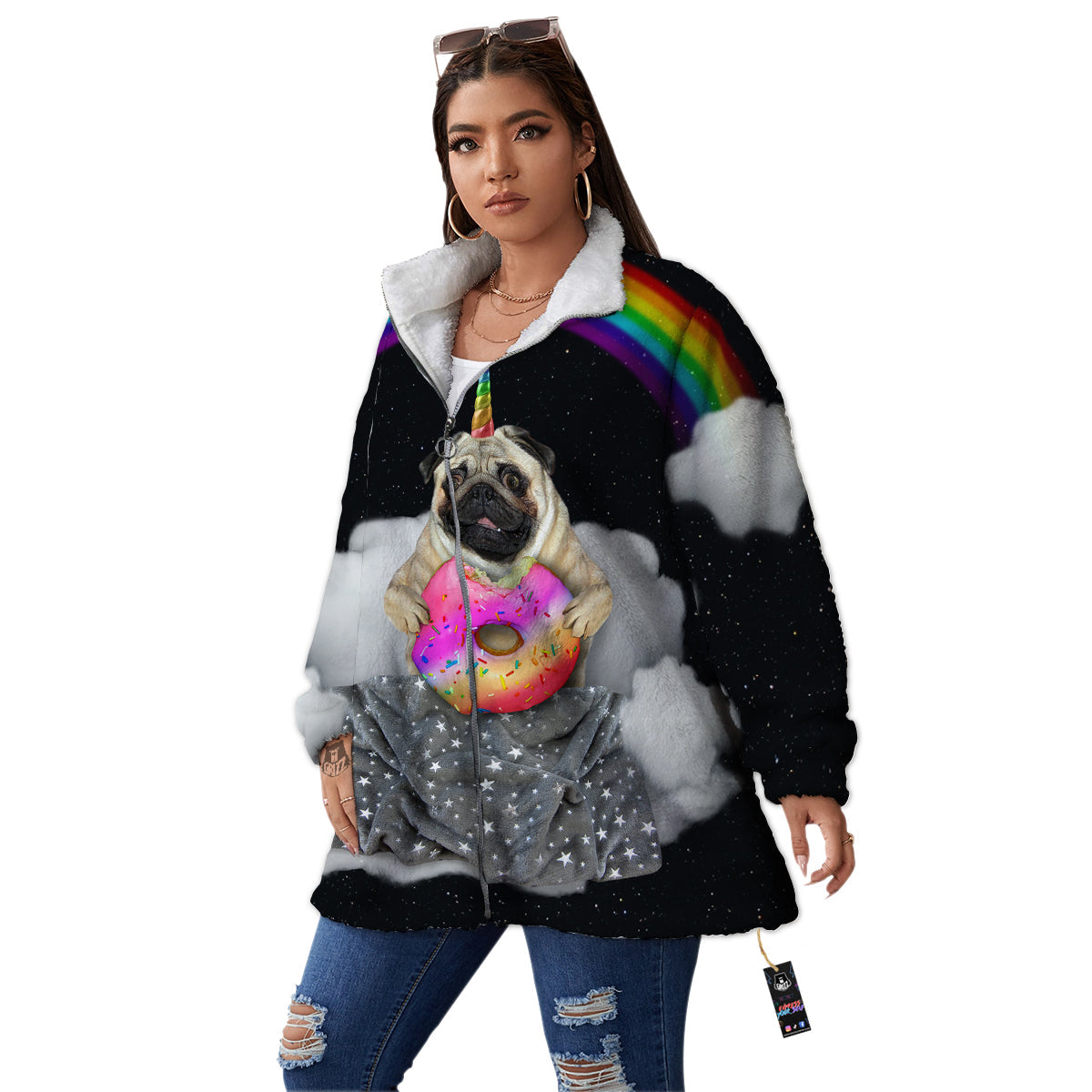 Cute Pug Unicorn Print Women's Sherpa Jacket-grizzshop
