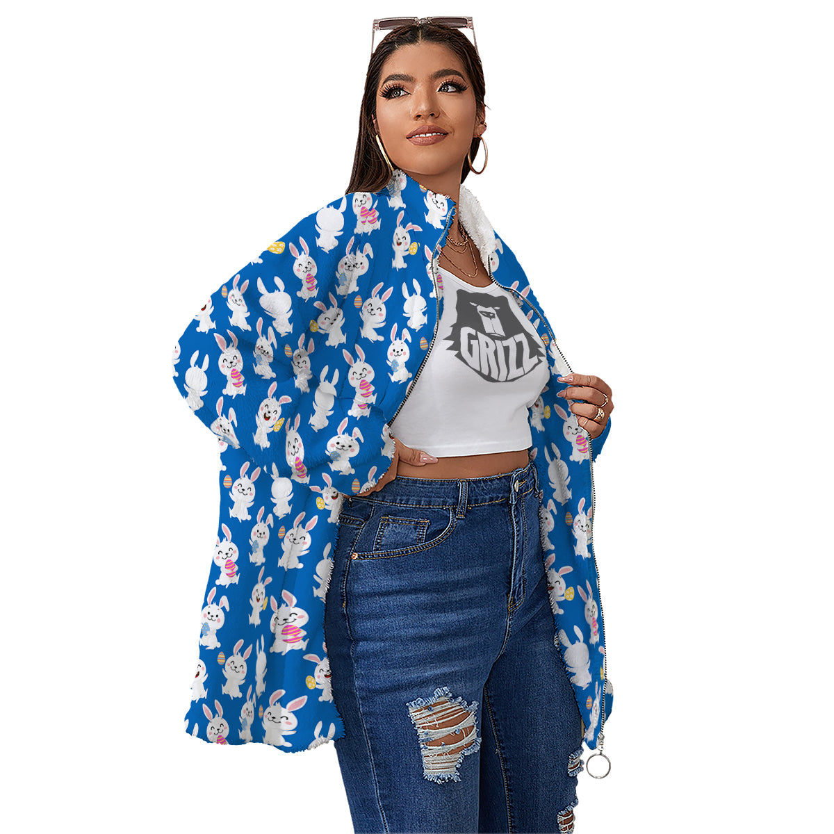 Cute Rabbit Print Pattern Women's Sherpa Jacket-grizzshop