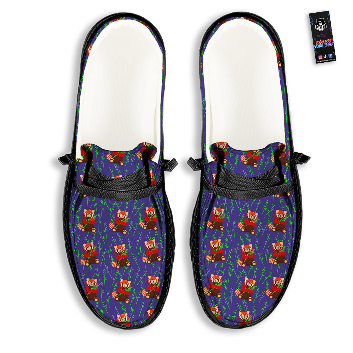 Cute Red Raccoon And Bamboo Print Pattern Black Loafers-grizzshop