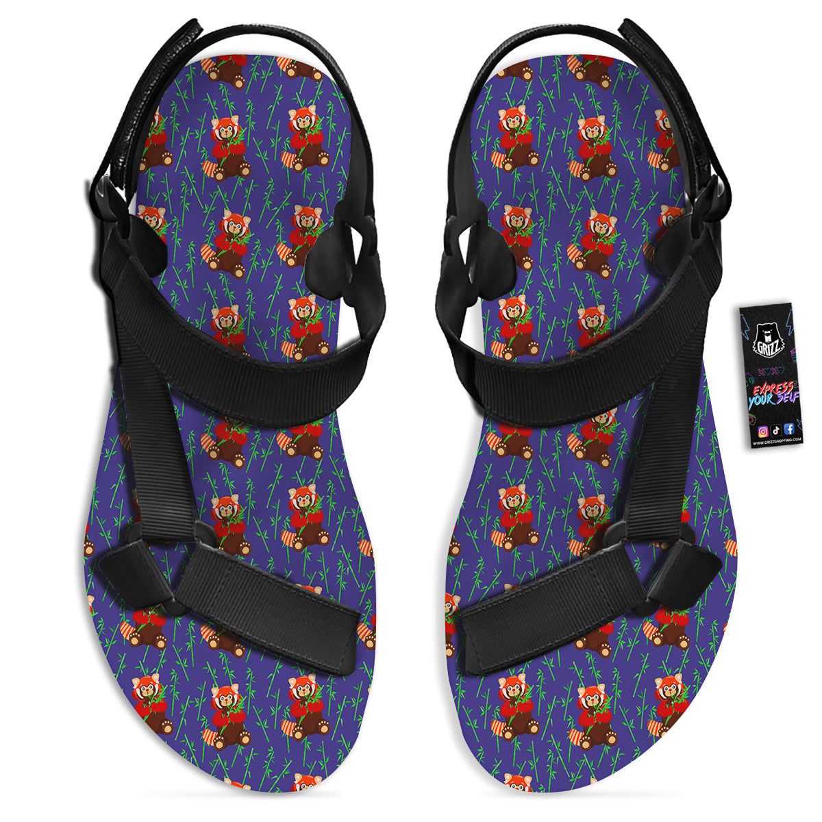 Cute Red Raccoon And Bamboo Print Pattern Black Open Toe Sandals-grizzshop