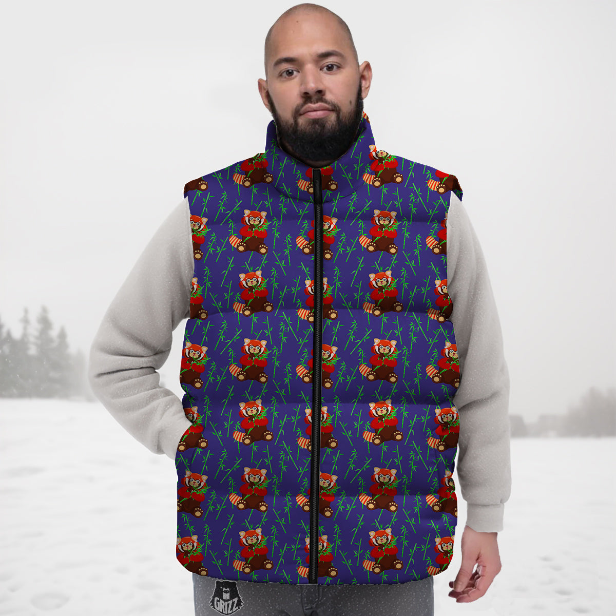 Cute Red Raccoon And Bamboo Print Pattern Down Vest